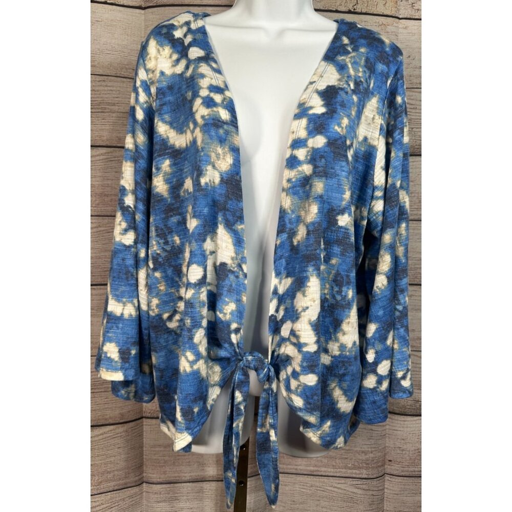 Cato Women’s Tie Dye Front Tie Kimono Lace Back Wide Long Sleeve 18/20W Blue